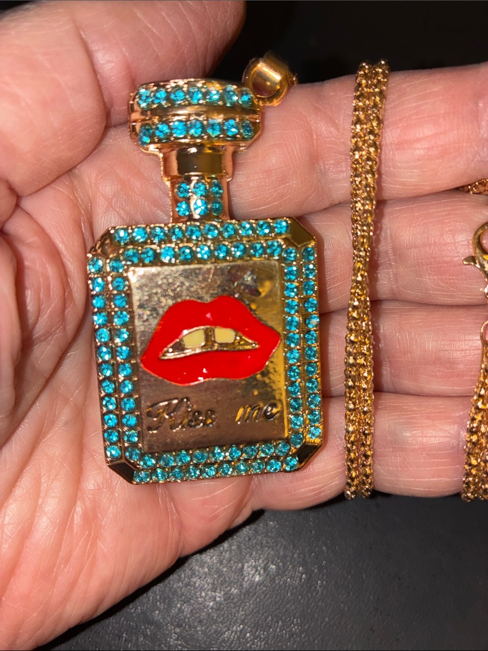 Turquoise Crystal Perfume Bottle Necklace with Red Lip With The Words Kiss Me